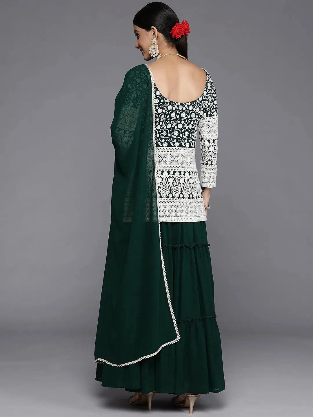 Green Embroidered Georgette Straight Suit Set With Skirt - Libas 