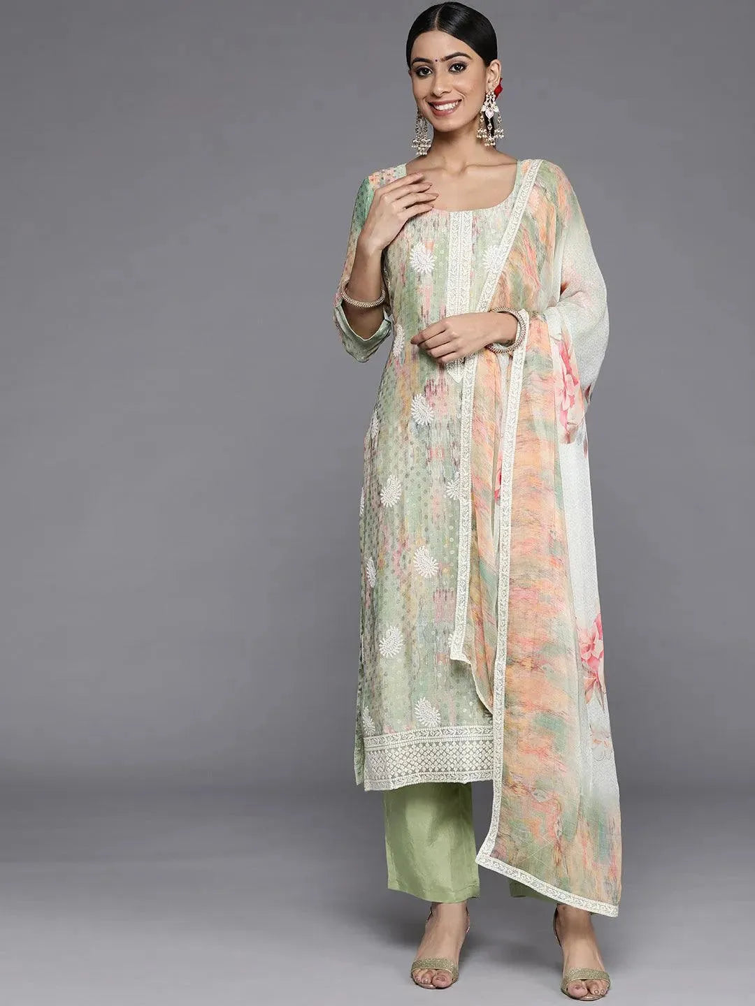 Green Embroidered Poly Georgette Straight Suit Set - Libas