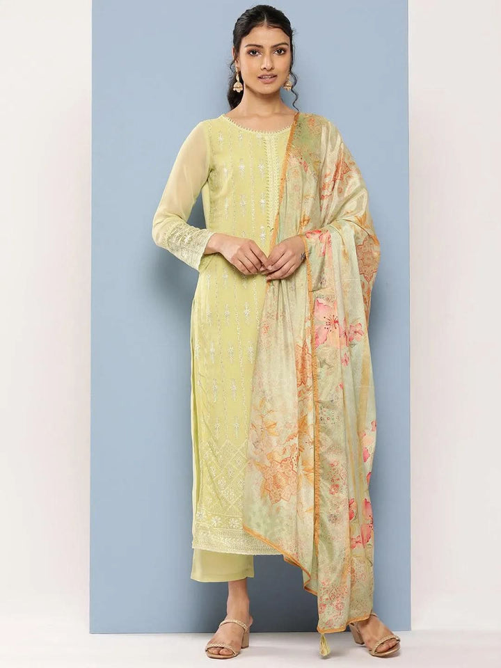 Green Embroidered Georgette Straight Suit Set With Trousers - Libas