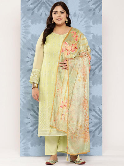 Green Embroidered Georgette Straight Kurta With Trousers and Dupatta - Libas