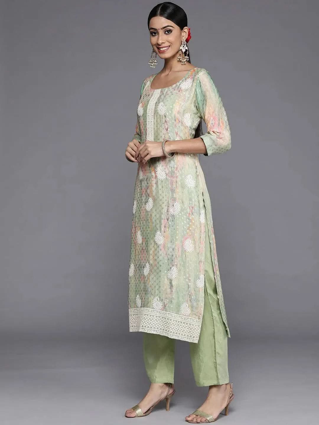 Green Embroidered Poly Georgette Straight Suit Set - Libas 
