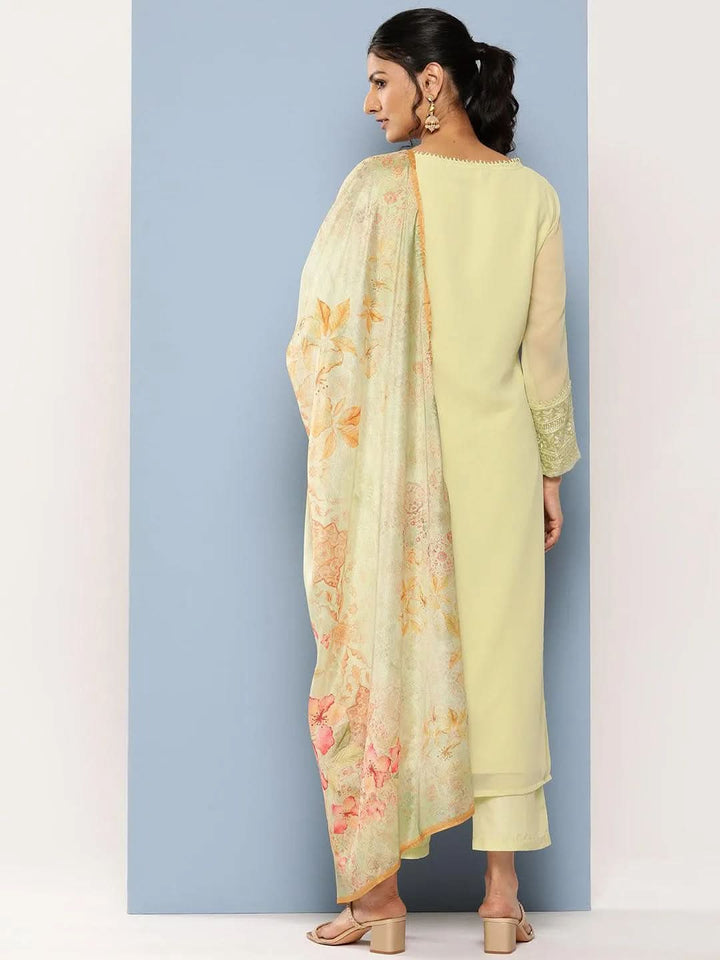 Green Embroidered Georgette Straight Suit Set With Trousers - Libas