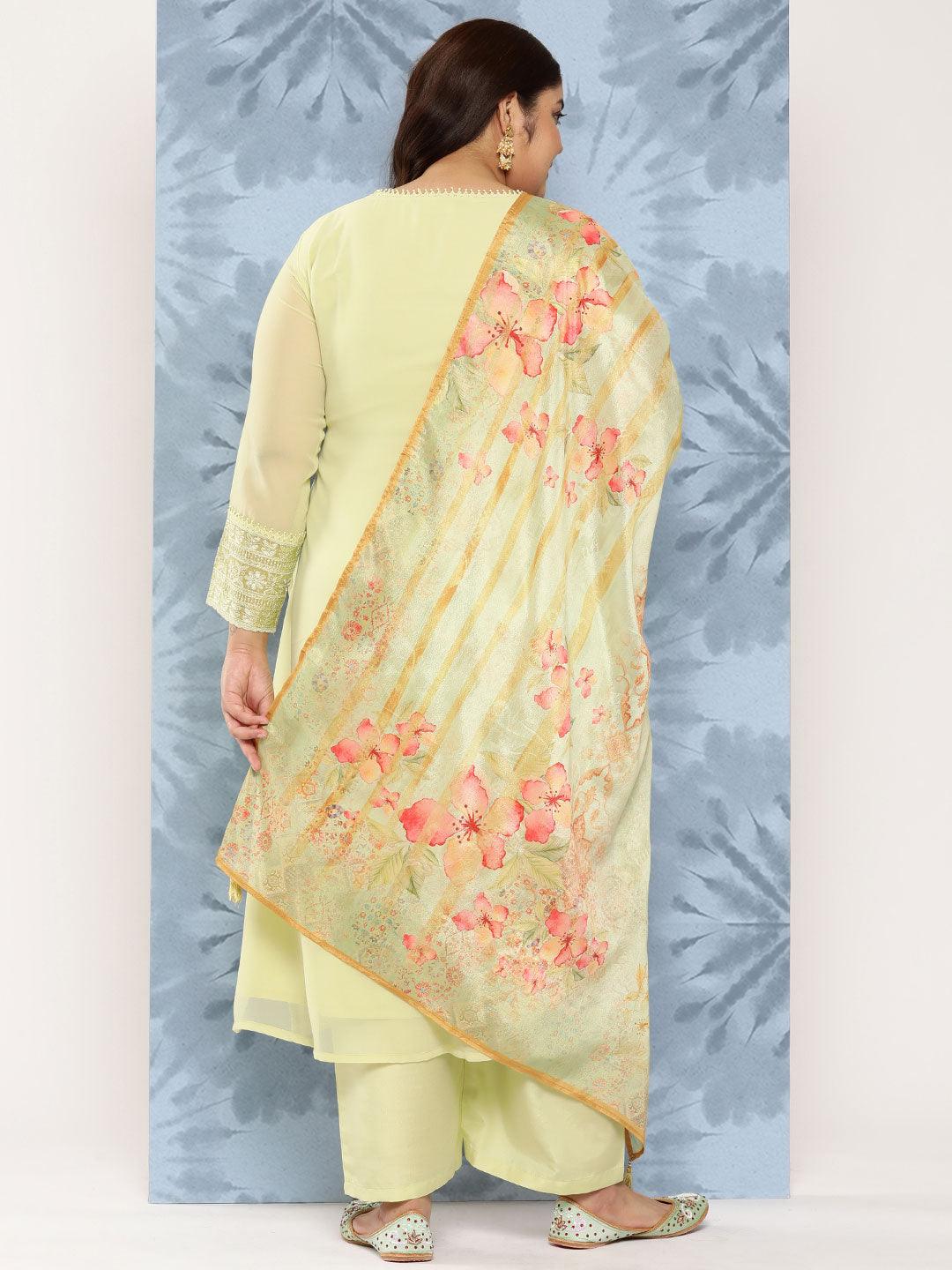 Green Embroidered Georgette Straight Kurta With Trousers and Dupatta - Libas