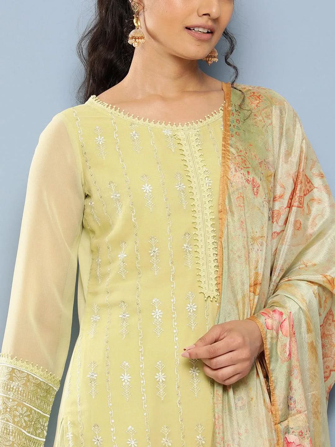 Green Embroidered Georgette Straight Suit Set With Trousers - Libas 