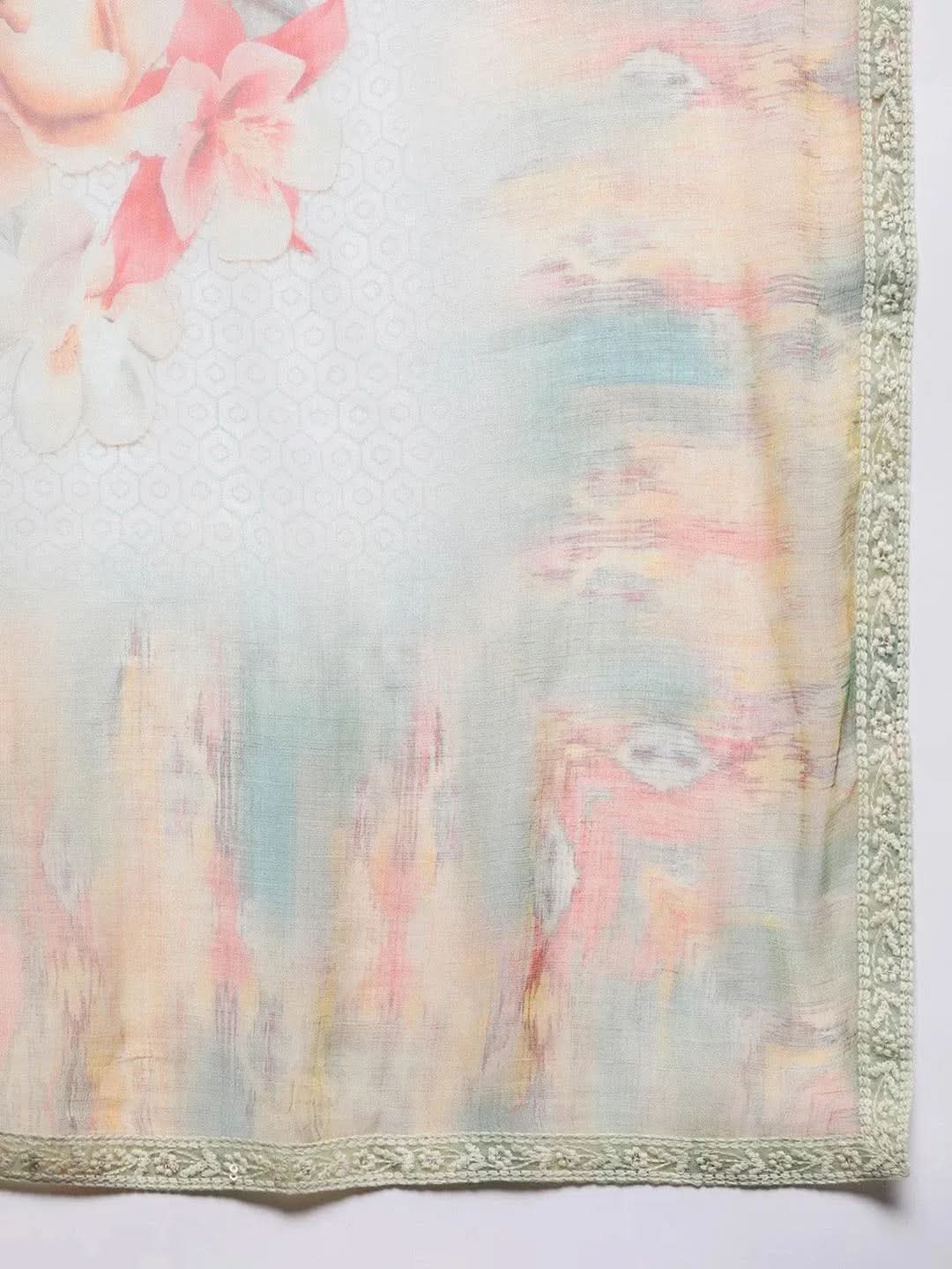 

Green Embroidered Georgette Straight Kurta With Trousers & Dupatta