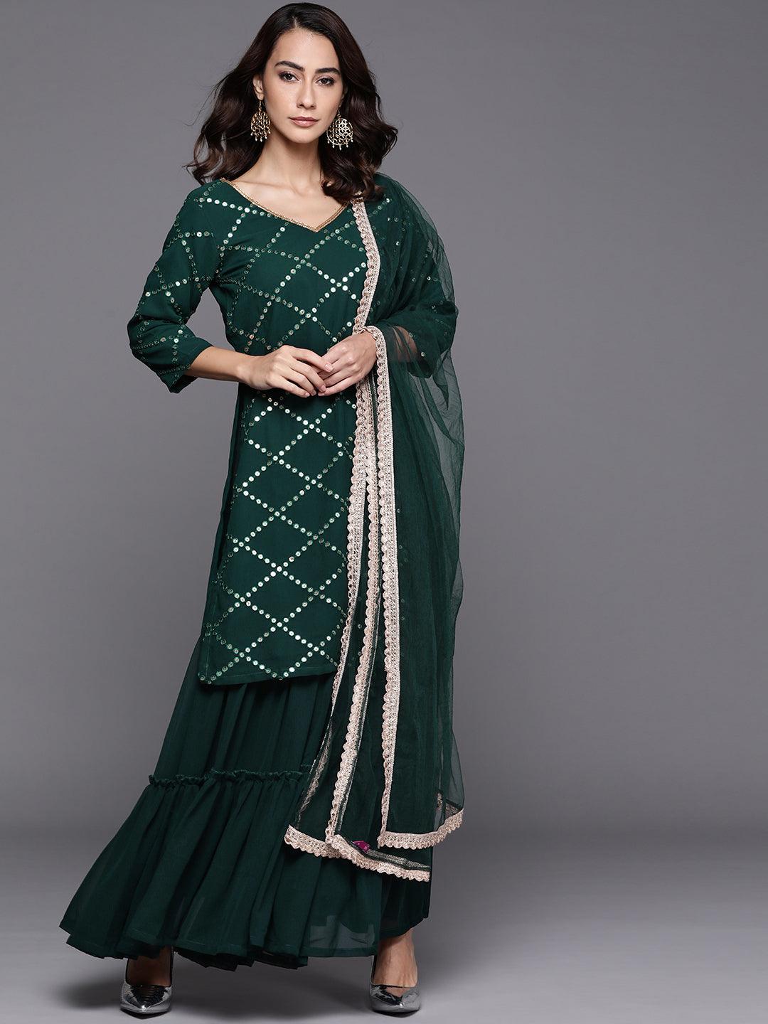 Green Embroidered Georgette Straight Sharara Suit Set With Dupatta