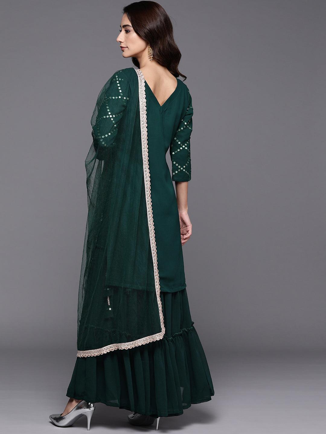 Green Embroidered Georgette Straight Sharara Suit Set With Dupatta