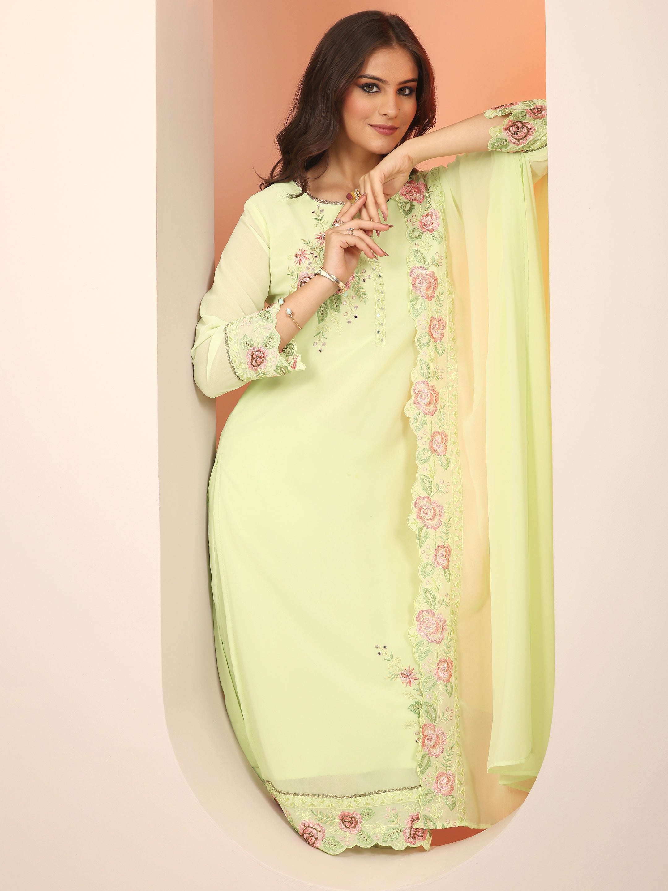 libas Green Embroidered Georgette Straight Suit Set With Dupatta-picture-40