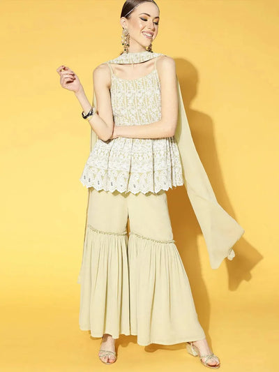 Green Embroidered Georgette Kurta Set - Libas