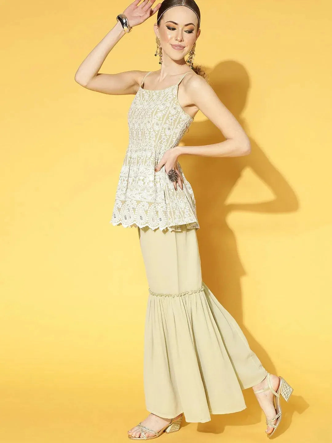 Green Embroidered Georgette Kurta Set - Libas 