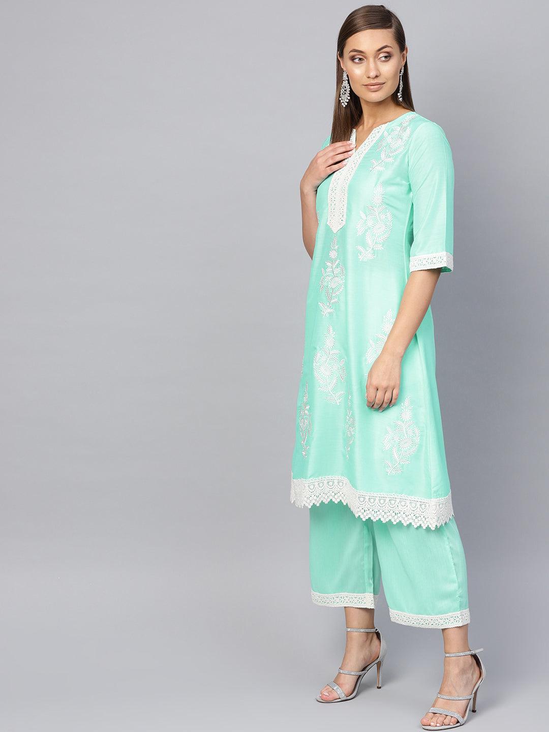 Green Embroidered Muslin A-Line Kurta With Palazzos
