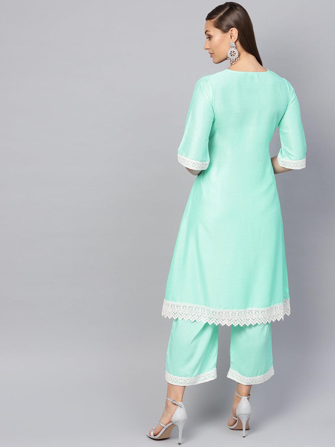 Green Embroidered Muslin A-Line Kurta With Palazzos