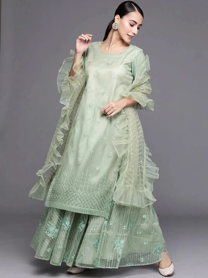 Green Embroidered Net Suit Set - Libas