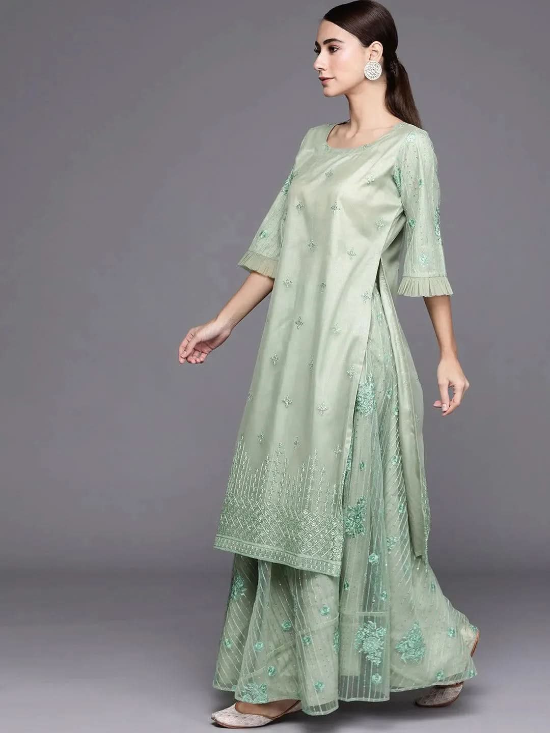 Green Embroidered Net Suit Set - Libas 