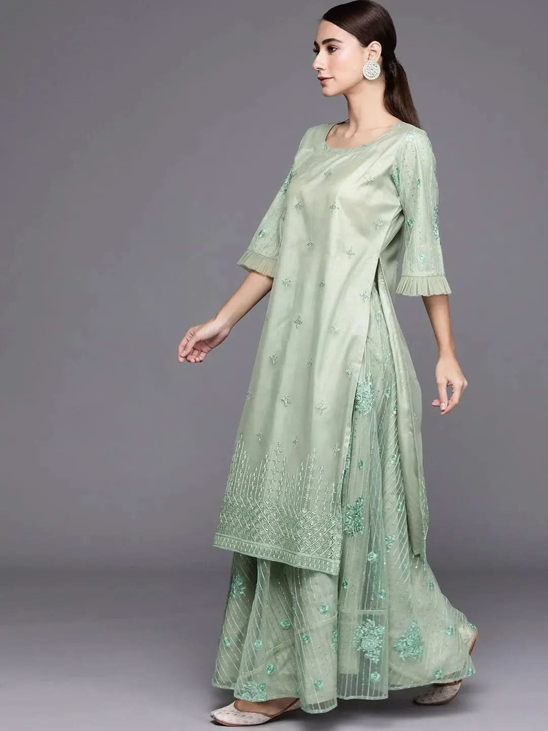 Green Embroidered Net Suit Set - Libas