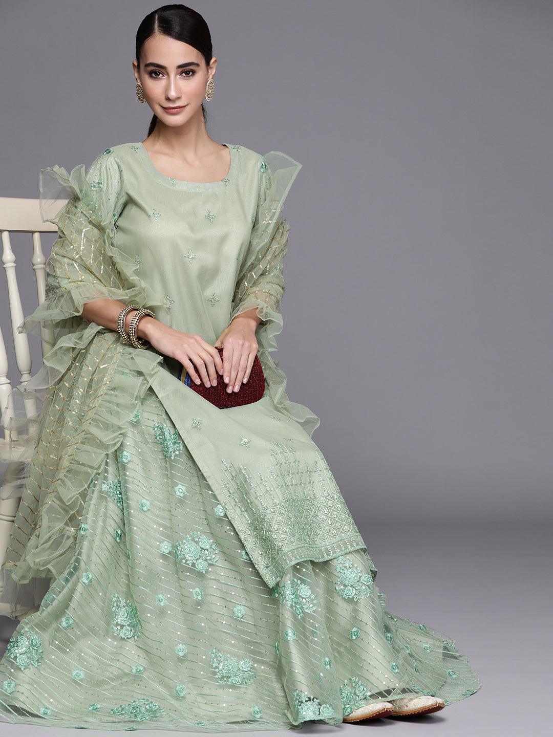 Green Embroidered Net Straight Kurta With Skirt & Dupatta