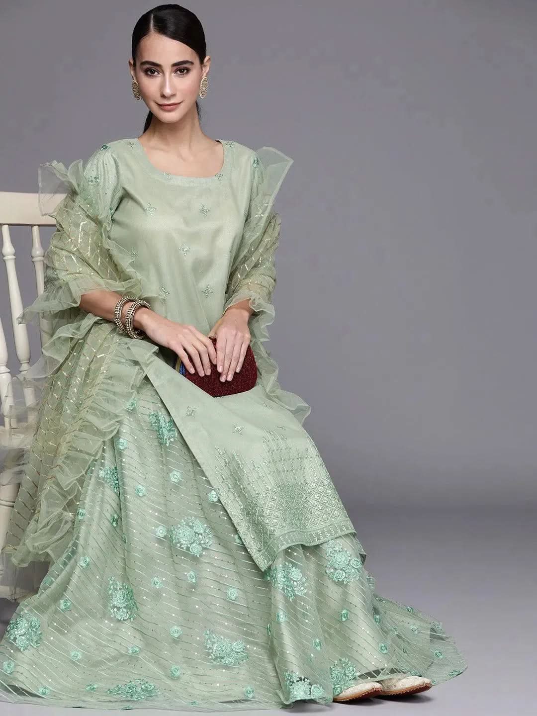 Green Embroidered Net Suit Set - Libas 