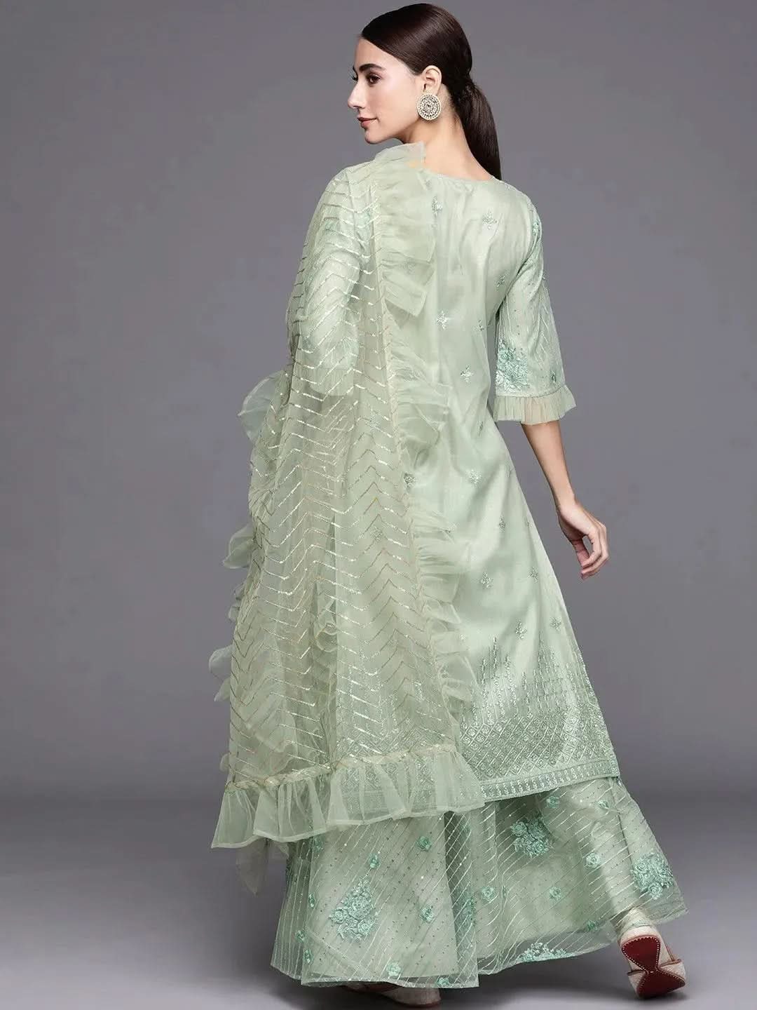 Green Embroidered Net Suit Set - Libas 