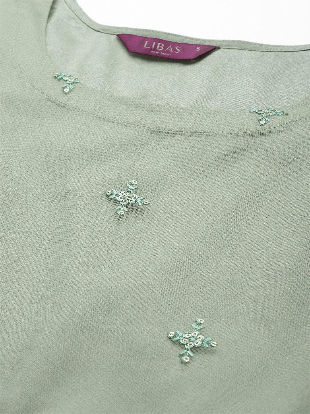 Green Embroidered Net Straight Kurta With Skirt & Dupatta