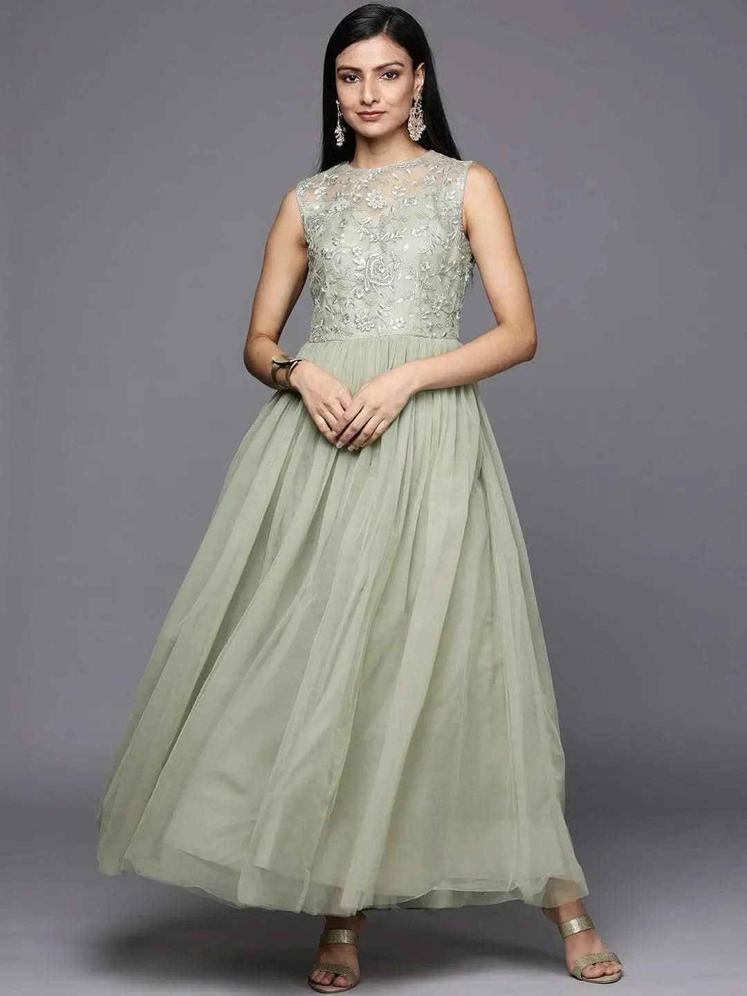 

Green Embroidered Nylon Gown Dress