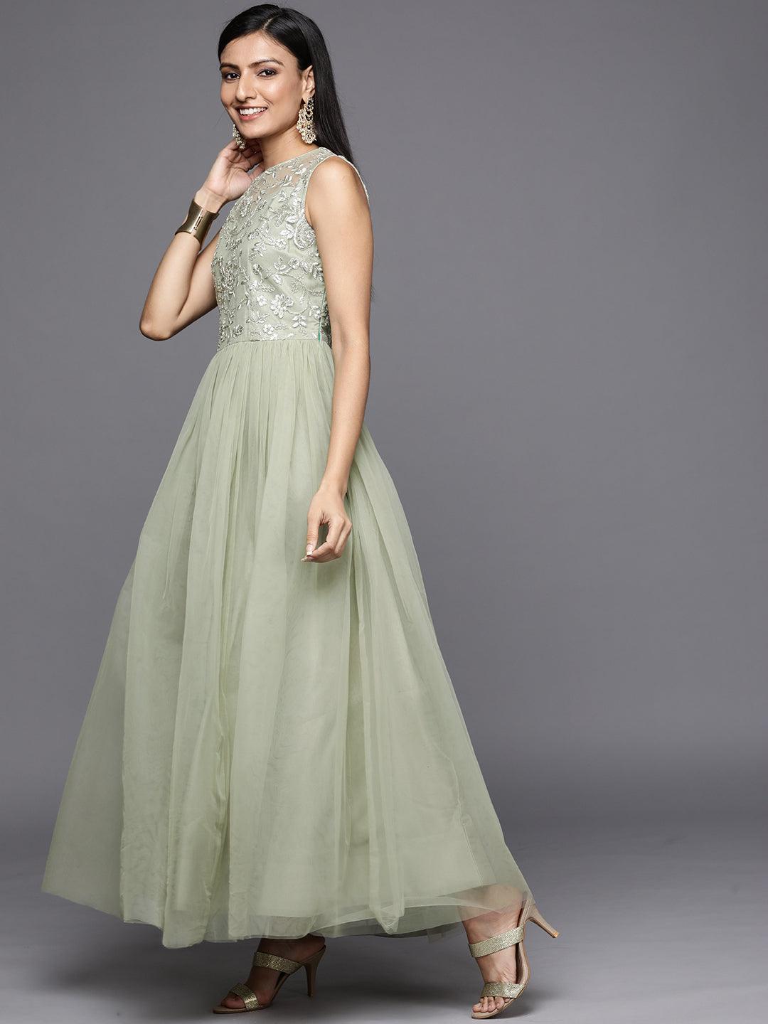 Green Embroidered Nylon Gown Dress