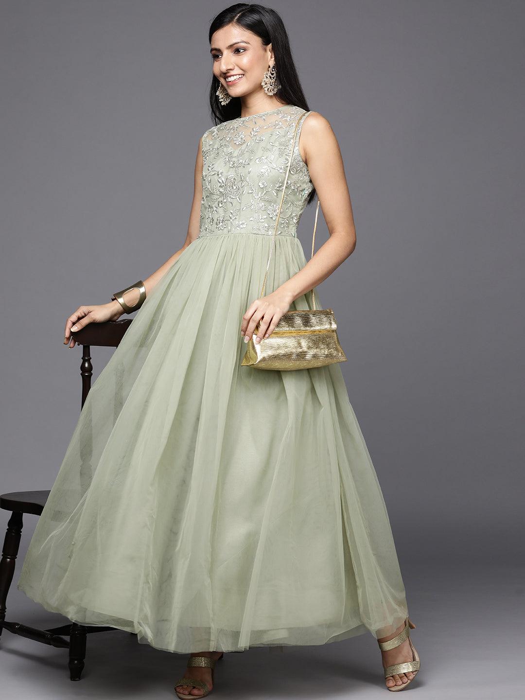 Green Embroidered Nylon Gown Dress