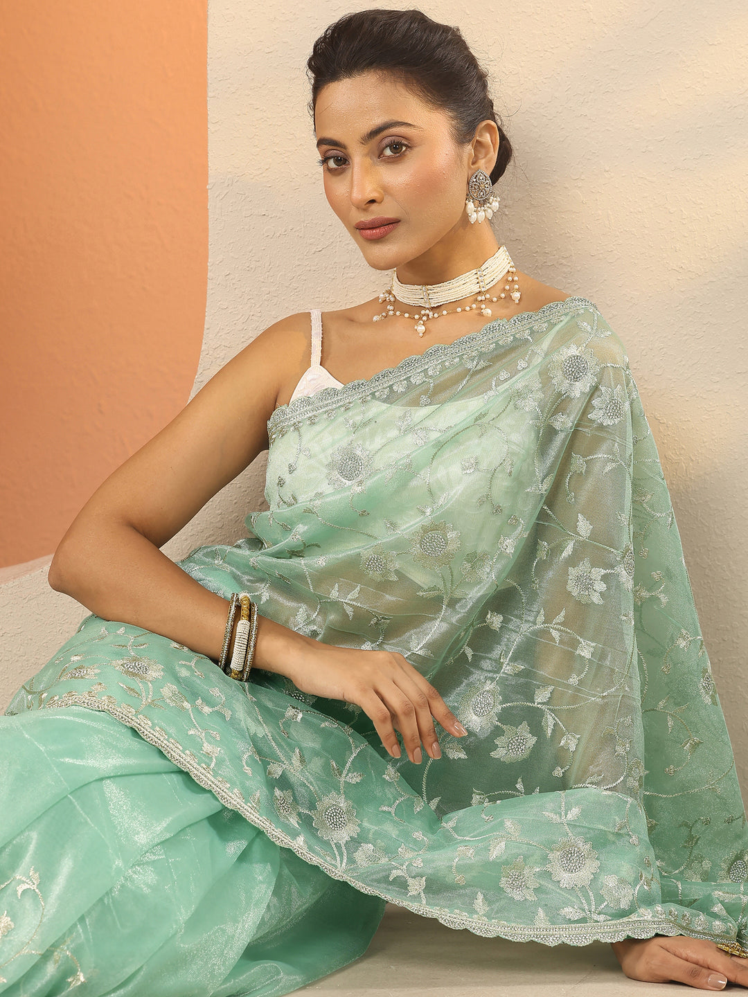 Green Embroidered Nylon Saree With Unstitched Blouse Piece