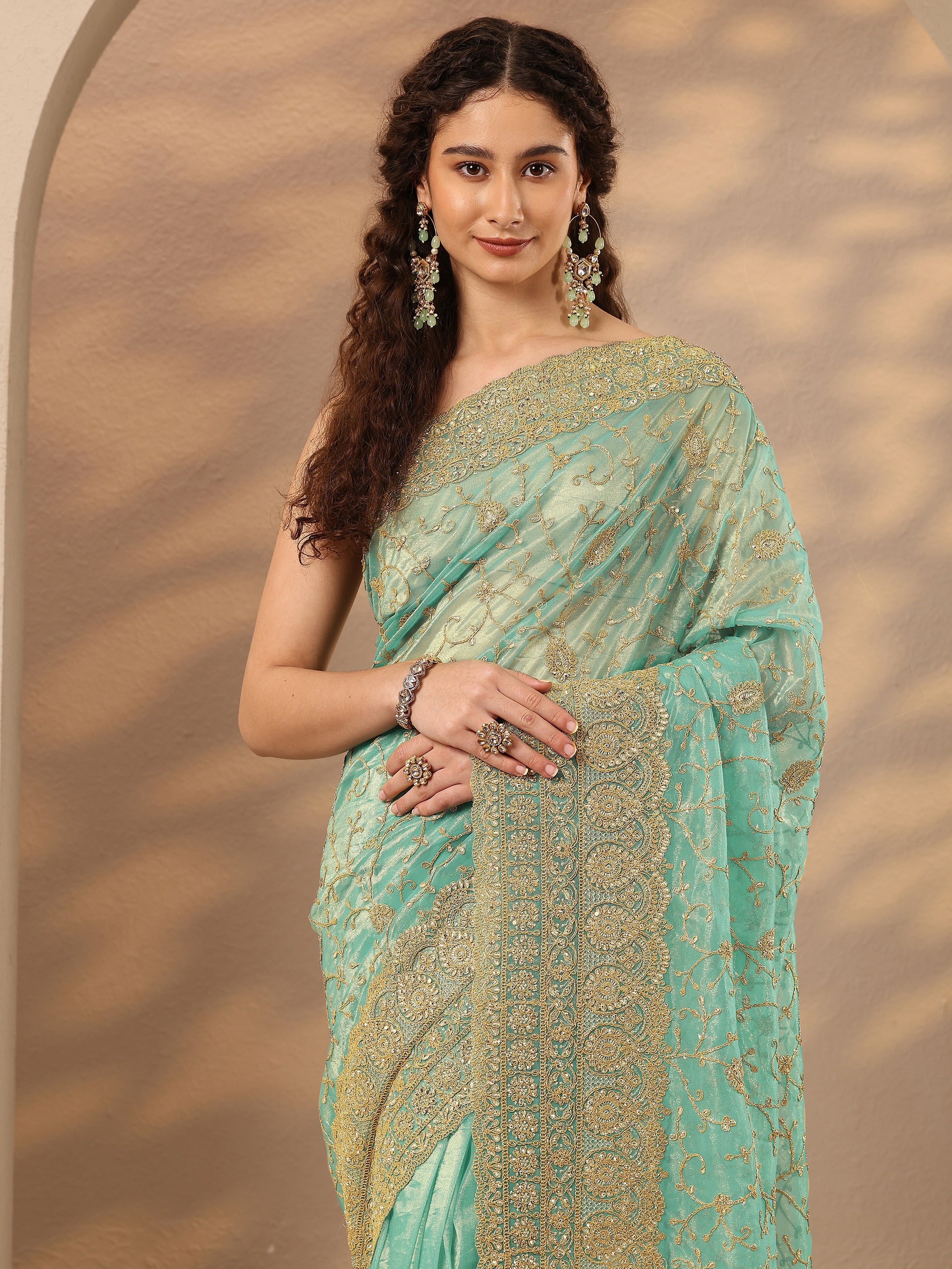 libas Green Embroidered Nylon Saree With Unstitched Blouse Piece-picture-34