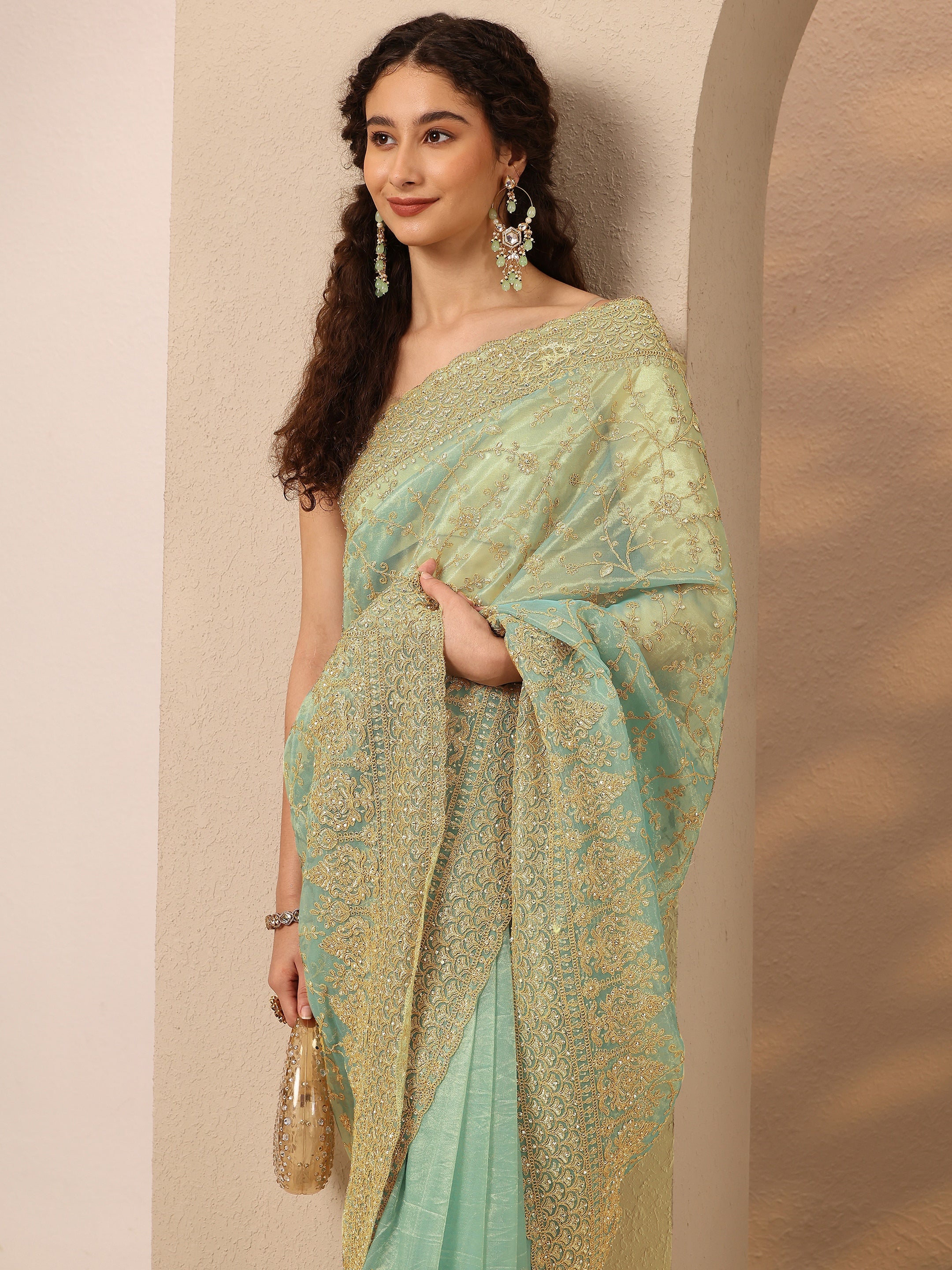 libas Green Embroidered Nylon Saree With Unstitched Blouse Piece-picture-11