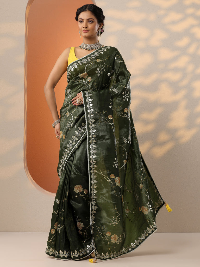 Libas Green Embroidered Organza Saree With Unstitched Blouse Piece