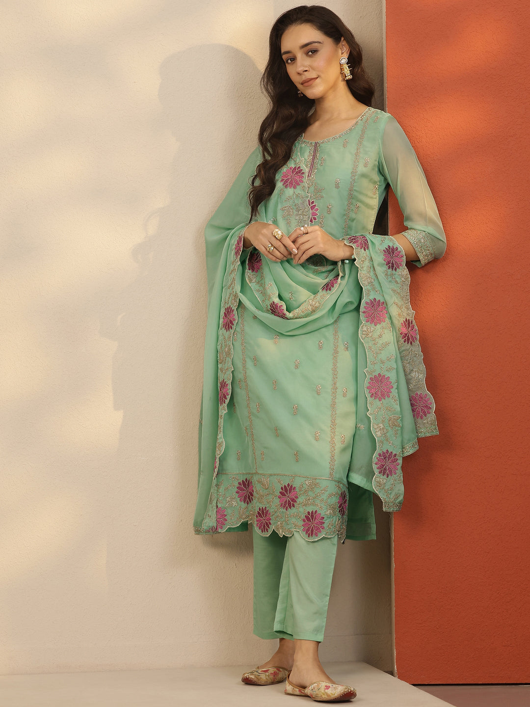  Green Embroidered Organza Straight Suit Set With Dupatta 