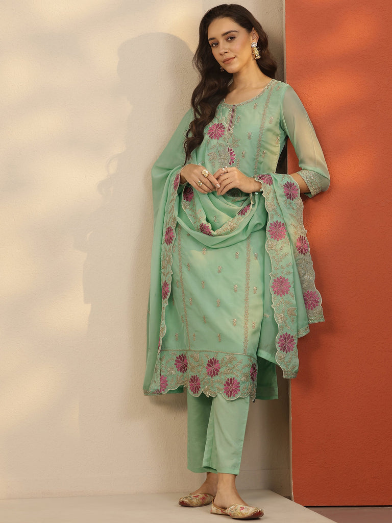 Libas Green Embroidered Organza Straight Suit Set With Dupatta