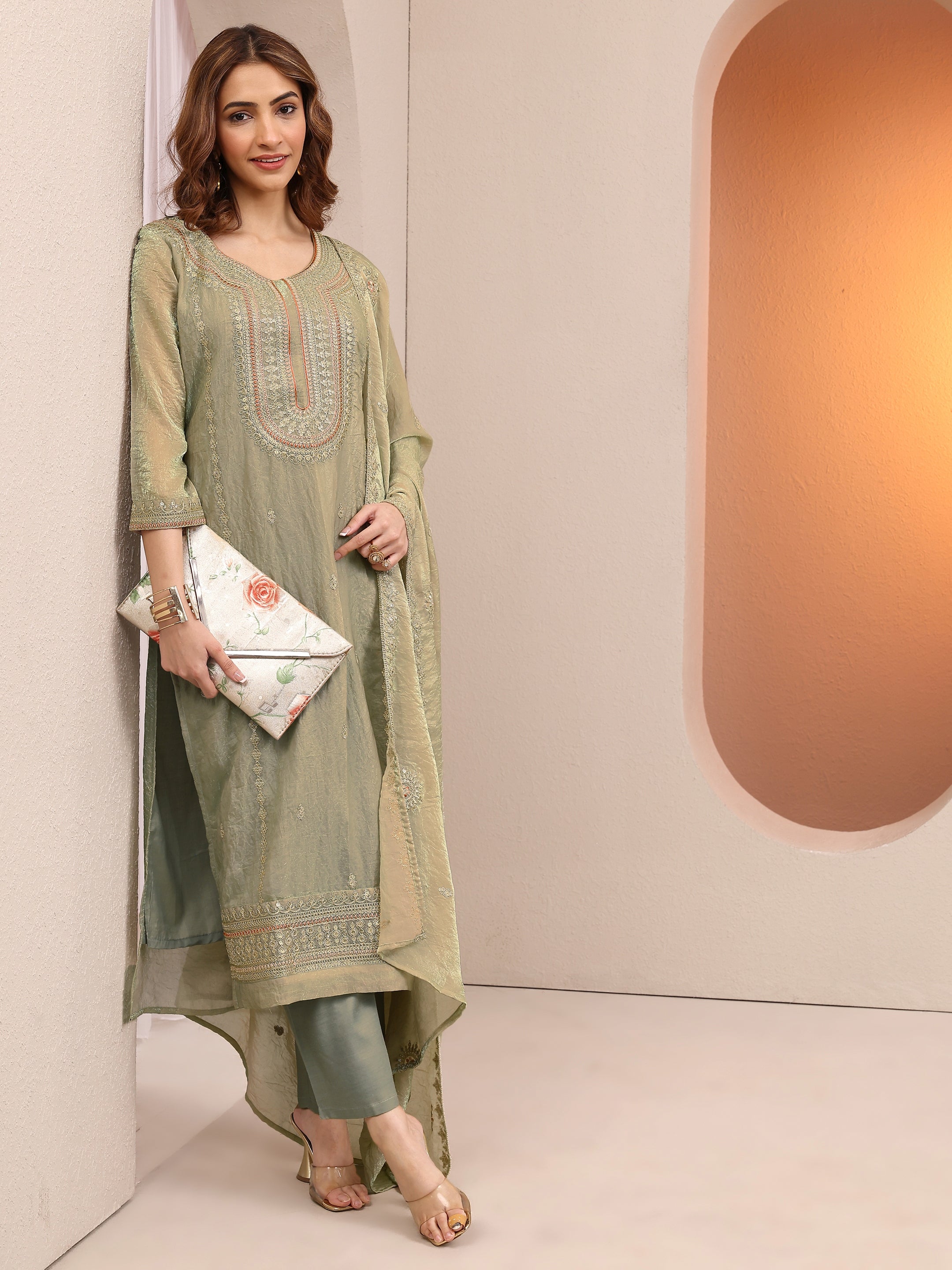 libas Green Embroidered Organza Straight Suit Set With Dupatta-picture-29