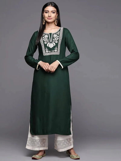 Green Embroidered Pashmina Wool Straight Kurta - Libas