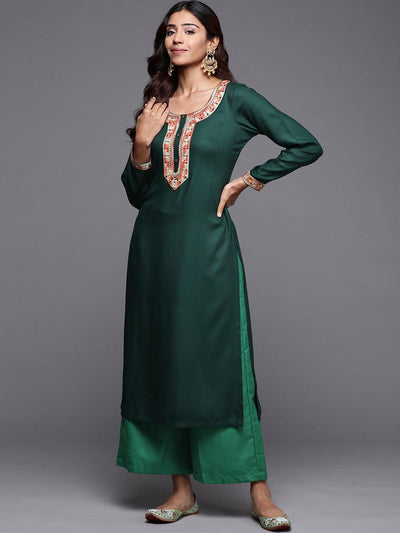 Green Embroidered Pashmina Wool Straight Kurta - Libas