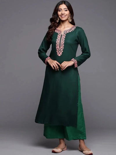 Green Embroidered Pashmina Wool Straight Kurta - Libas