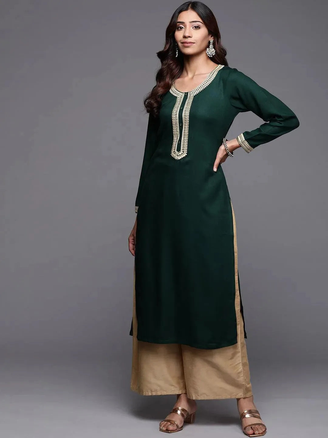 Green Embroidered Pashmina Wool Straight Kurta - Libas
