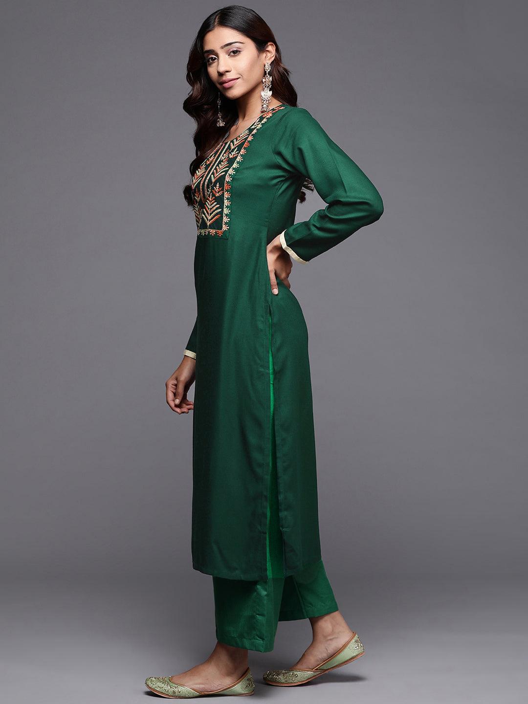 Green Embroidered Pashmina Wool Straight Kurta