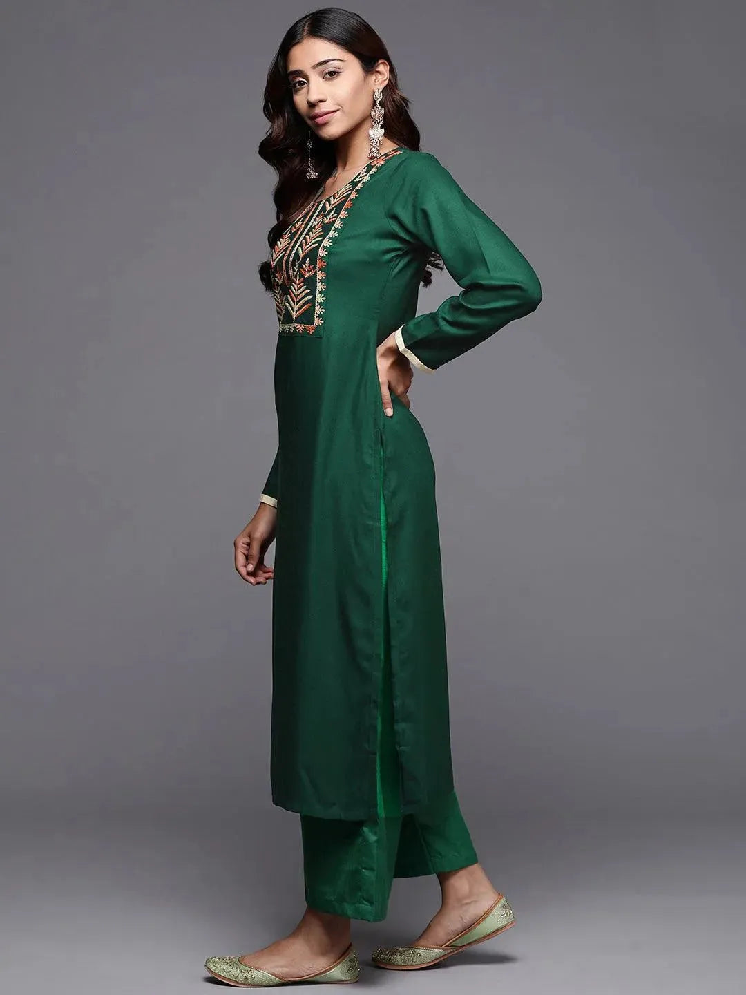 Green Embroidered Pashmina Wool Straight Kurta - Libas 