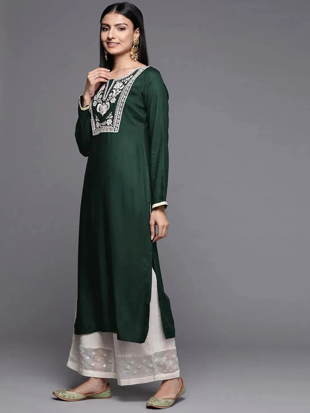 Green Embroidered Pashmina Wool Straight Kurta - Libas