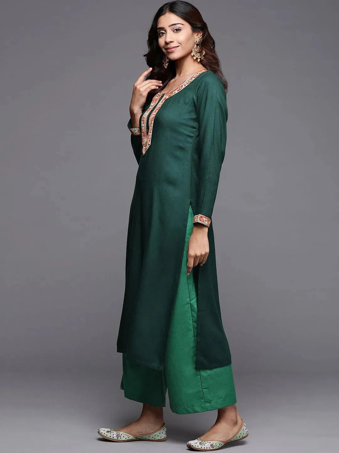 Green Embroidered Pashmina Wool Straight Kurta - Libas