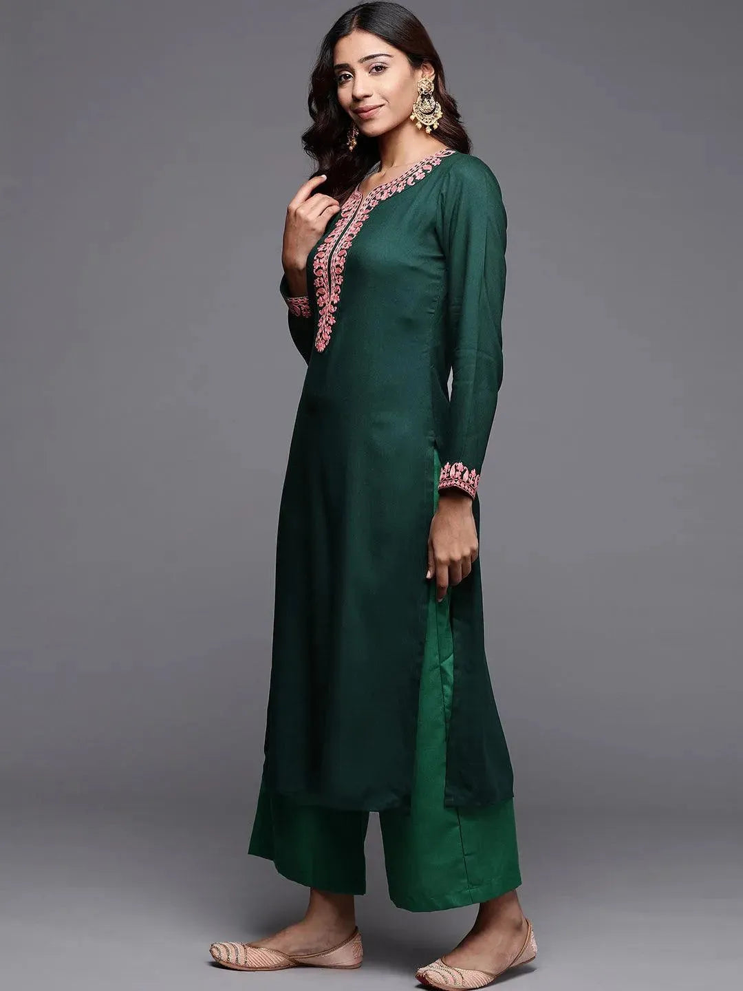 Green Embroidered Pashmina Wool Straight Kurta - Libas