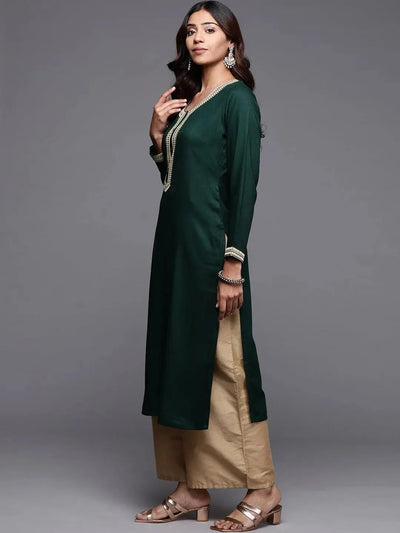 Green Embroidered Pashmina Wool Straight Kurta - Libas