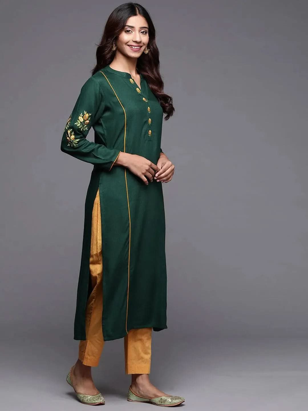 Green Embroidered Pashmina Wool Straight Kurta - Libas 