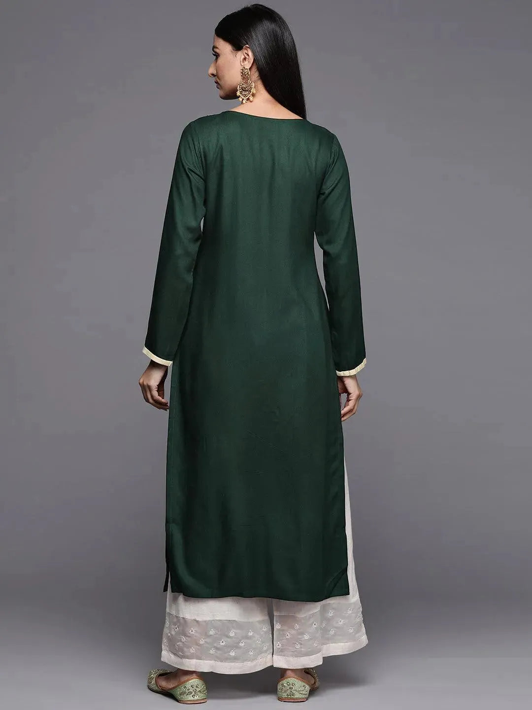 Green Embroidered Pashmina Wool Straight Kurta - Libas