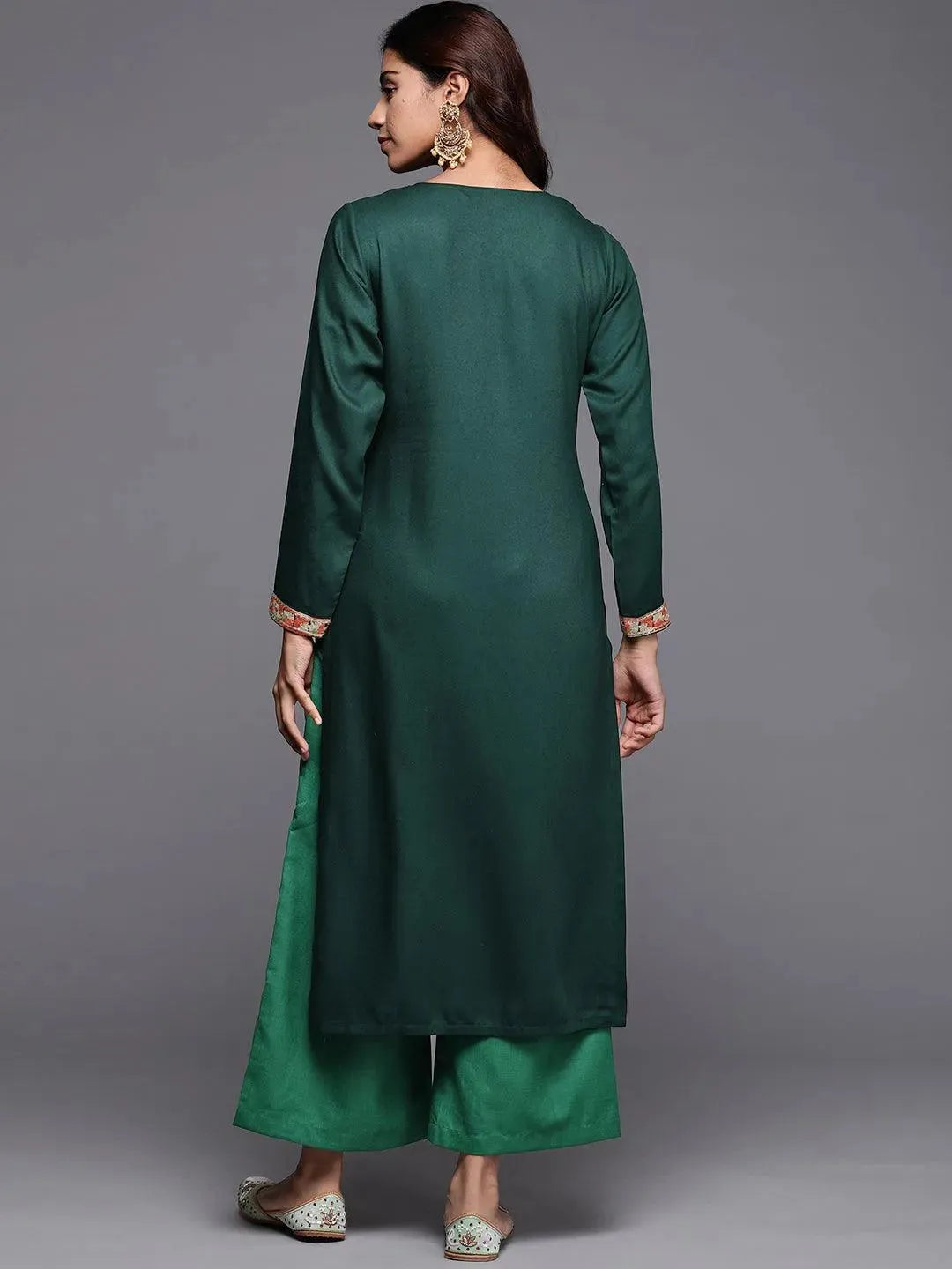 Green Embroidered Pashmina Wool Straight Kurta - Libas