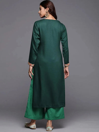 Green Embroidered Pashmina Wool Straight Kurta - Libas