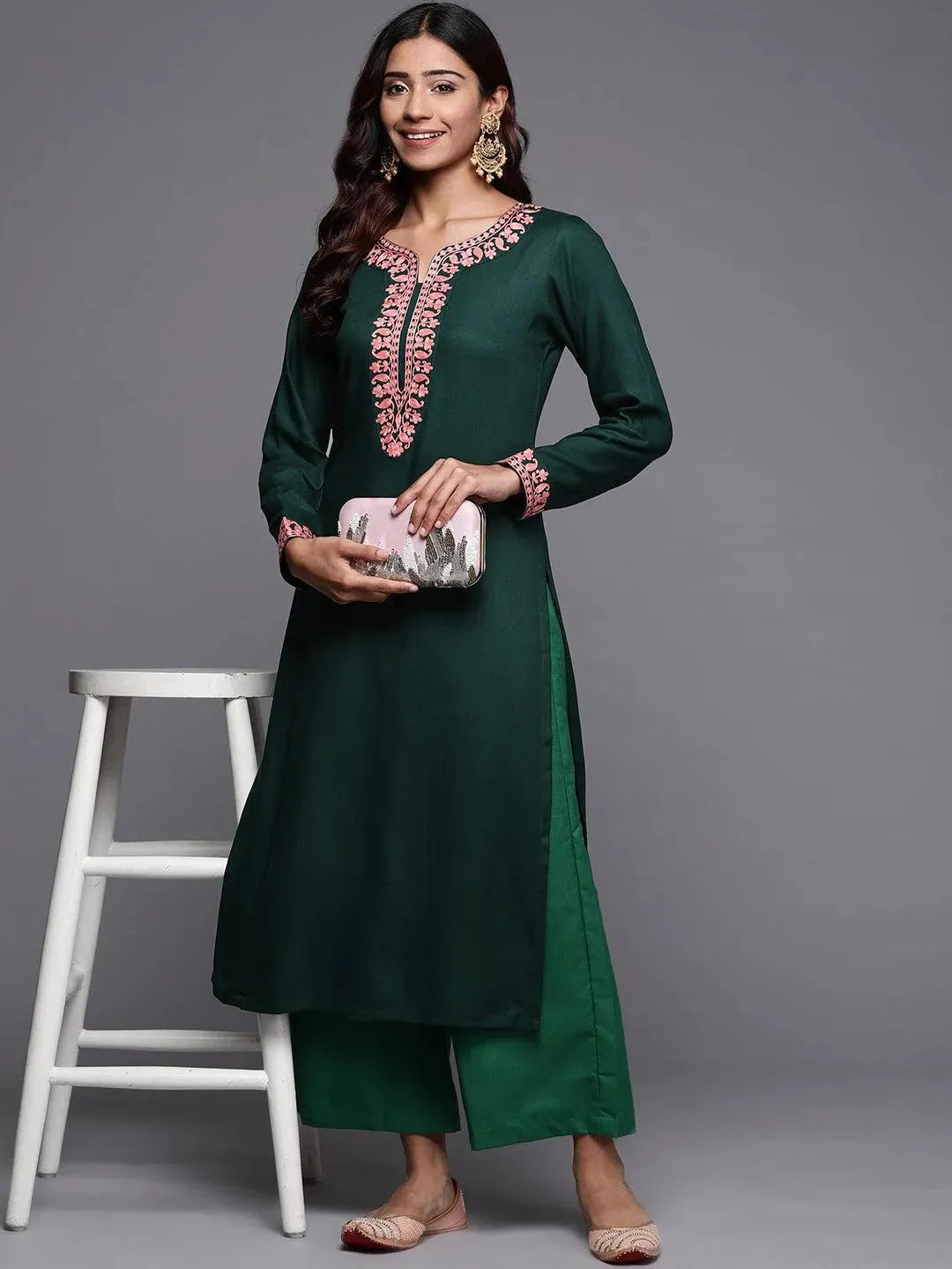 Green Embroidered Pashmina Wool Straight Kurta - Libas