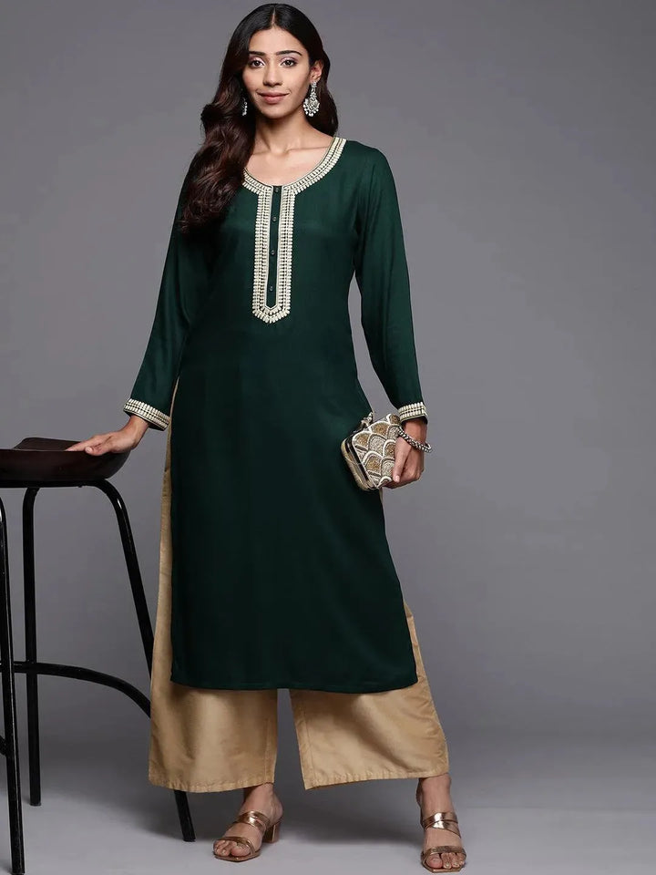 Green Embroidered Pashmina Wool Straight Kurta - Libas