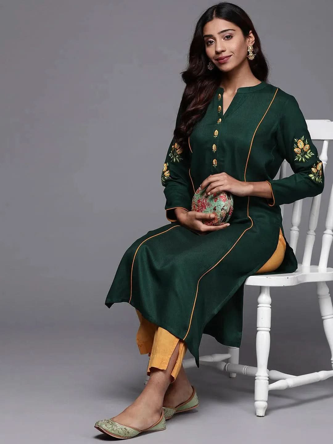 Green Embroidered Pashmina Wool Straight Kurta - Libas 